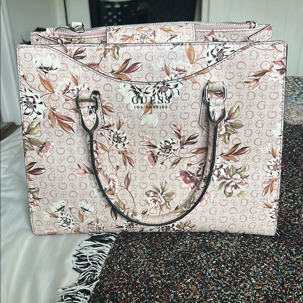 GUESS Pink Floral Logo purse with Multicolor Accents